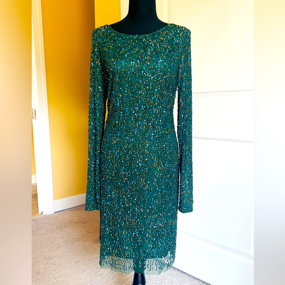 Aidan Mattox Women’s Sequined Bateau Neckline Mini Dress Dark Green size XL